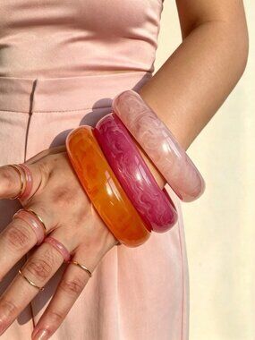 Pink & Orange Marbled Resin Bangle Set - 3pc Chunky Bracelets